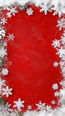 Festive red background with white snowflakes and green pine accents