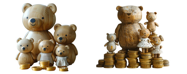 A group of wooden teddy bear figurines of various sizes, isolated on transparent background