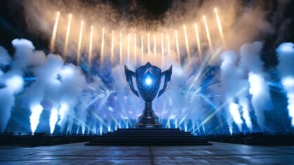 League of Legends trophy shining under spotlight, surrounded by smoke and lasers trophy, esports, victory
