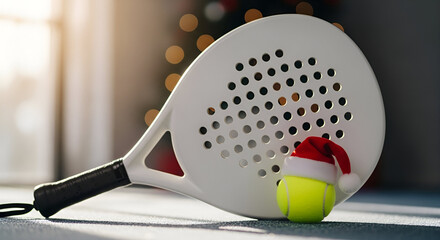 Padel racket with ball wearing Santa hat in front, close up shot on blurred background, festive Christmas and New Year concept with soft natural light and modern clean style