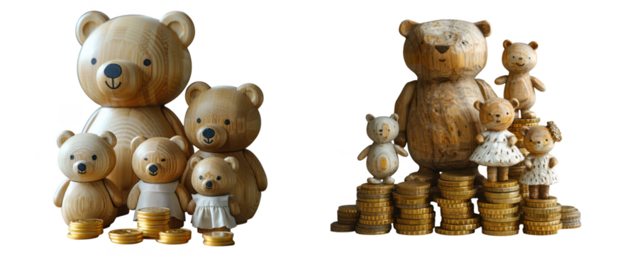 A group of wooden teddy bear figurines of various sizes, isolated on transparent background