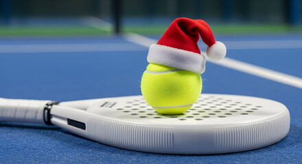 Padel racket with ball wearing Santa hat in front, close up shot on blurred background, festive Christmas and New Year concept with soft natural light and modern clean style