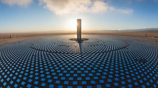 Vast solar power plant with sun setting behind a towering central structure, reflecting clean energy innovation across a modern desert landscape.