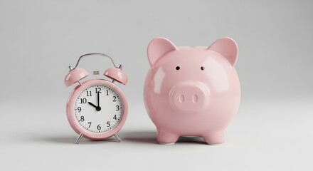 Pink alarm clock and piggy bank on white background