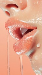 Fototapeta premium Vibrant moist lips with clear liquid glistening and flowing from the mouth. Dewy fresh skin with shimmering droplets on a soft peach backdrop.