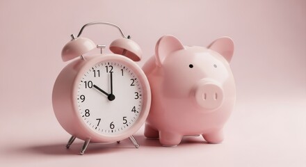 Pink alarm clock and piggy bank against a soft pink background.