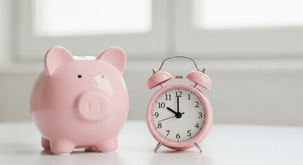 Pink piggy bank and alarm clock on white surface indoors.