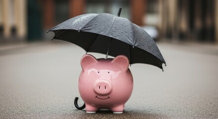 Pink piggy bank under a black umbrella on wet pavement.