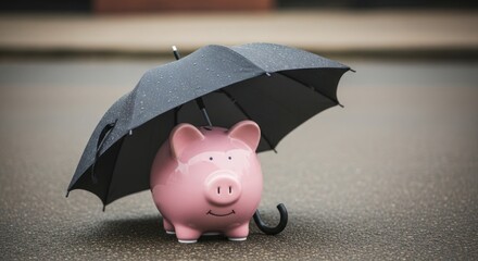 Pink piggy bank sheltered by black umbrella on wet ground.