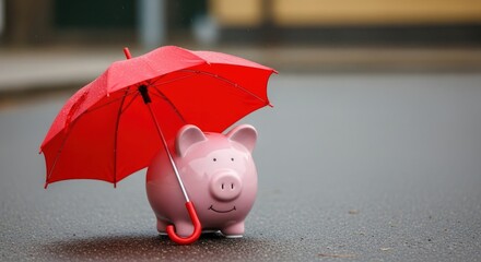 Piggy bank under red umbrella on wet pavement outdoors