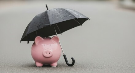 Pink piggy bank protected by black umbrella on wet ground.