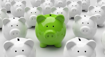 One bright green piggy bank stands out among many white ones.