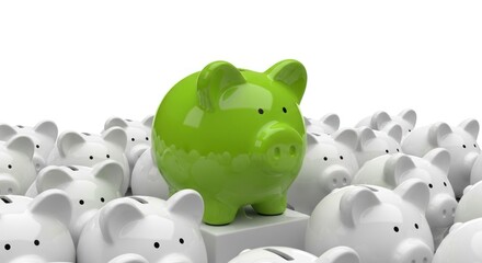One bright green piggy bank stands out among many white ones.