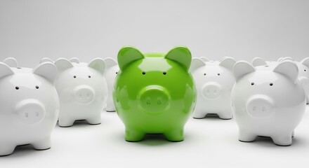 One green piggy bank stands out among many white ones.