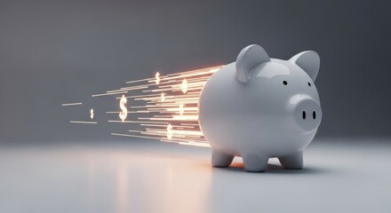 White piggy bank with glowing dollar signs moving rapidly away