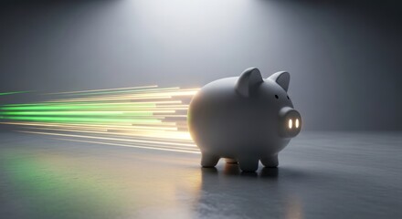 White piggy bank with glowing nose and light trails moving fast