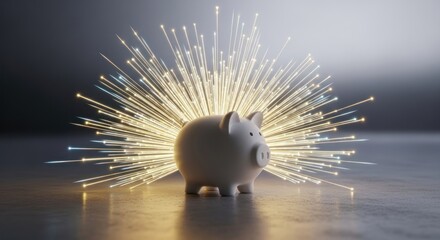 White piggy bank with bright light rays exploding behind it.