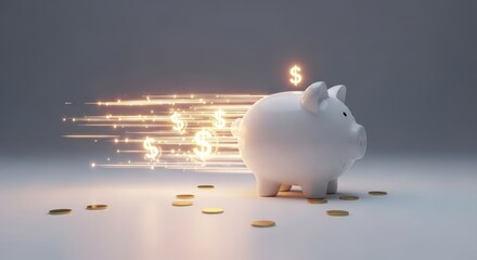 White piggy bank with glowing money streams and gold coins.