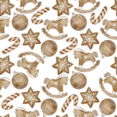 Watercolour seamless pattern of Christmas gingerbread cookies on transparent background.