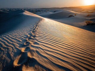 Footprints on White Sand Dune Ridge Golden Hour Sunset Light Creates Long Shadows Desert Landscape Serene Environment