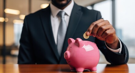 Businessman deposits coin into a bright pink piggy bank indoors.