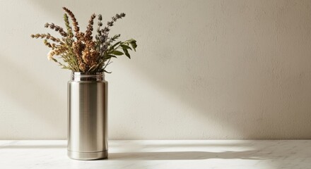 Fototapeta premium Dried flowers in metallic vase on simple grey background 