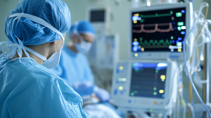 Operating room scene: Medical staff focused on a monitor during a procedure. The team works in a sterile environment, monitoring vital signs and ensuring patient safety.