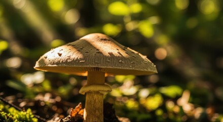Mushroom growing in sunlight on forest floor surrounded by greenery  
