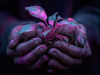 Vivid hands hold vibrant plant seedling, glowing plant in hands, surreal organic growth, glowing pink leaves, nurturing new life, illuminated plant vibrant hues, future cultivation concept