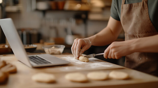 A chef prepares pastries in a kitchen, referencing a laptop for a recipe or guide. Wooden surfaces, flour dusting, and focused hand motions highlight a blend of tradition and technology.