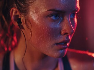 Close-up of a Sweating Female Athlete with Earphones, Illuminated by Vibrant Red Light, Reflecting Intense Focus and Post-Workout Exertion in a Modern Gym Setting