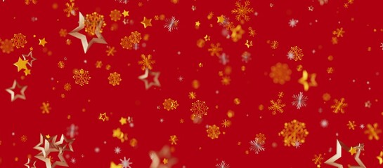 Christmas and New Year festive background. Gold stars and snowflakes falling on a vibrant red backdrop, perfect for holiday greetings and celebr