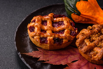 Cherry or strawberry sweet American Christmas pie or tart. American cherry pie