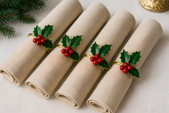 Elegant set of 4 napkin rings adorned with holly leaves and berries, adding a festive touch to your holiday table. Perfect for Christmas dinner parties, this set brings a joyful and elegant vibe to yo