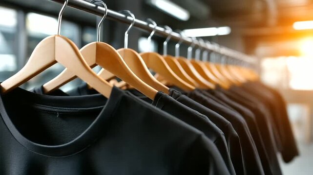 row of black t-shirts hanging on transparent hangers in modern clothing factory, warm industrial lighting
