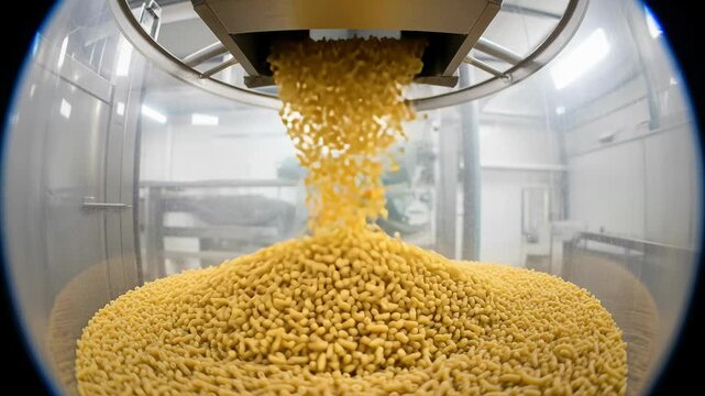 Pasta pieces tumble rapidly from the chute, filling the container in factory setting