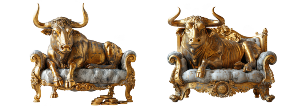 Two bronze bull statues with horns, sitting on a luxurious ornate sofa, isolated on transparent background