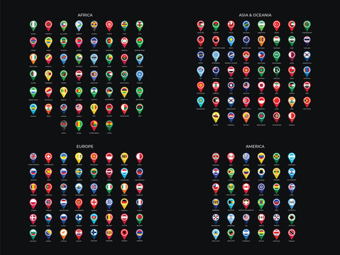 World Flags Collection by Continent, Set of All Country Flags of Europe, Asia, Africa, America, and Oceania