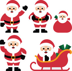 Cute Santa Claus characters set in flat vector style with sleigh, gifts, and snowflakes on light background