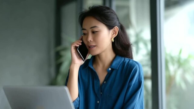 Smiling Asian woman talking on smartphone while working on laptop at home, remote work lifestyle and communication concept, modern home office environment woman