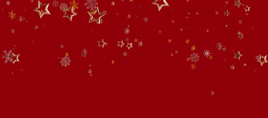 Festive Christmas background featuring golden stars and snowflakes on a vibrant red backdrop....