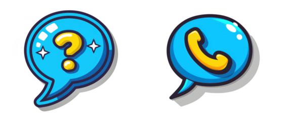 Two cartoon speech bubble icons, one with a question mark and sparkles, the other with a phone symbol, isolated on transparent background