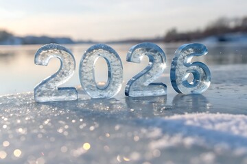 Ice Crystal Numbers 2026 Standing On Frozen Surface At Sunset Glow

