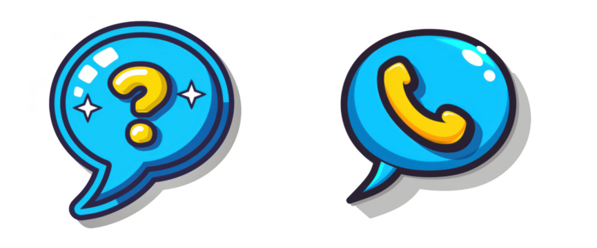 Two cartoon speech bubble icons, one with a question mark and sparkles, the other with a phone symbol, isolated on transparent background