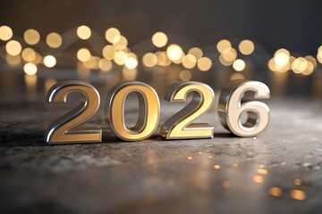 Golden 2026 Numbers Display With Warm Lights, Reflective Surface, and Festive Vibe

