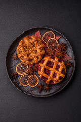 Cherry or strawberry sweet American Christmas pie or tart. American cherry pie