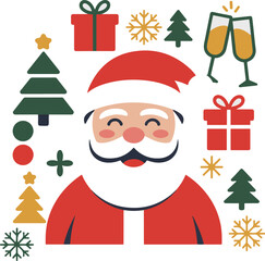 Santa Claus illustration surrounded by Christmas elements such as gifts, trees, snowflakes, and champagne glasses