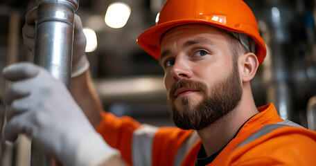 Focused worker in safety gear, including a hard hat and protective gloves, inspects industrial pipes. His attentive gaze and confident demeanor show his expertise.