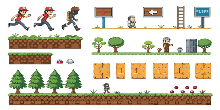 2D Game Level Design Sprite Sheet &ndash; Platformer Game Assets Pack, Pixel Art Tileset, Background Elements, Characters, and Objects for Indie Game Developers and Animation Projects