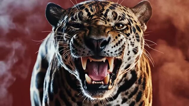 Ferocious jaguar big cat predator roar with fangs intense gaze dramatic lighting prowling